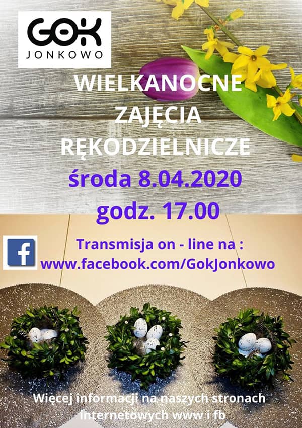 Plakat z tulipanem i forsycją oraz stroikami świątecznymi. Treść plakatu - poniżej.
