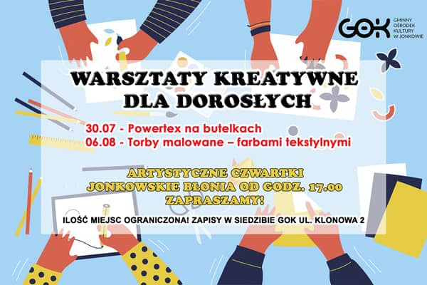W tle grafika przedstawiające wykonywanie prac plastycznych. Na grafice tekst, jak poniżej