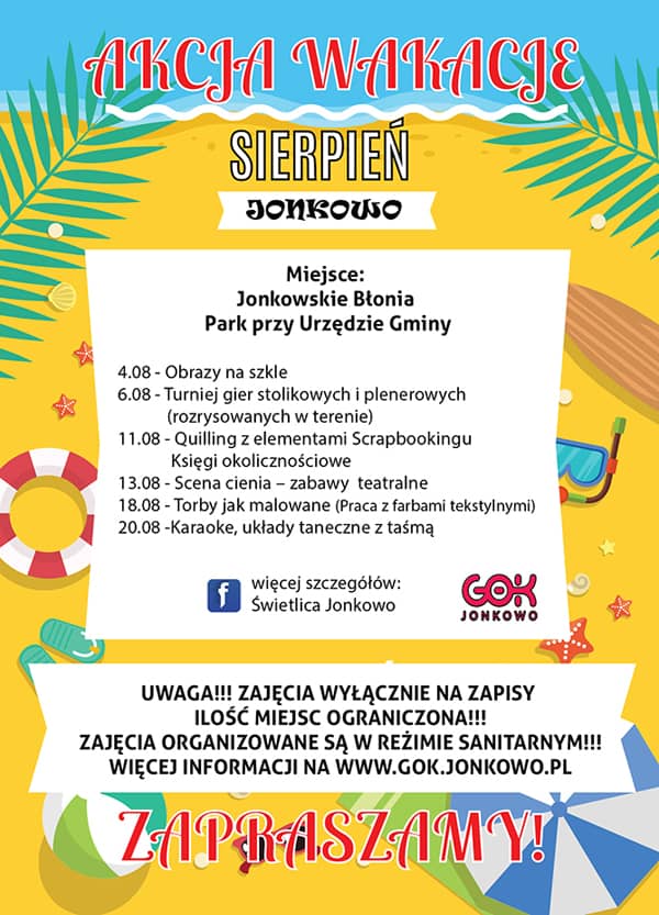 Plakat z grafiką plaży, palm i akcesoriów do zabawy. Tekst poniżej.
