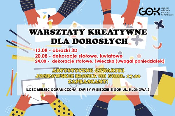 W tle grafika przedstawiające wykonywanie prac plastycznych. Na grafice tekst, jak poniżej.