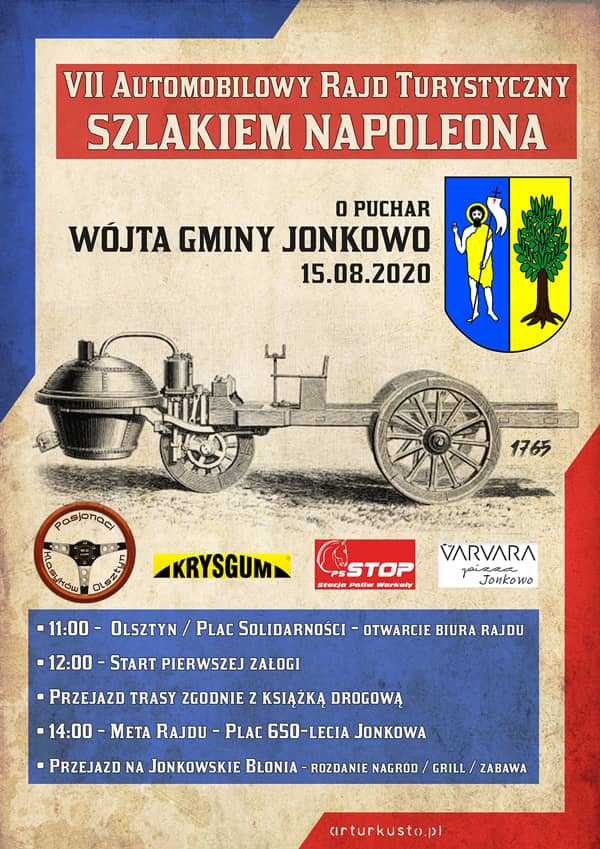 Plakat ze starym pojazdem mechanicznym na parę w tle. Tekst jak poniżej.